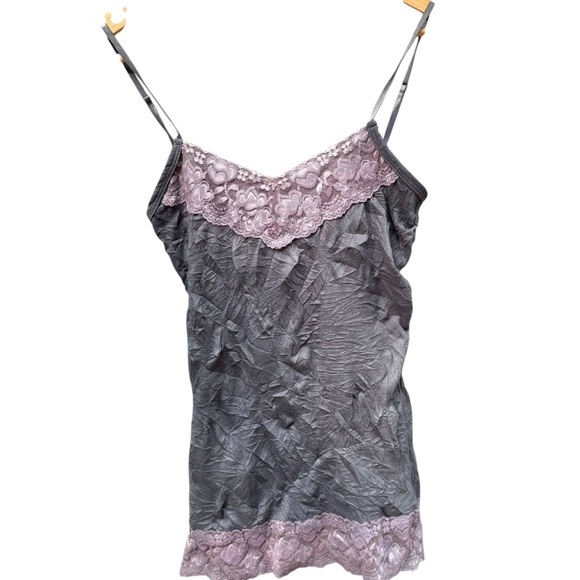 Vtg Lace Crinkle Cami S Y2K 90s Camisole Layering 2000s Fairy Preppy Gray & Pink - Picture 1 of 9